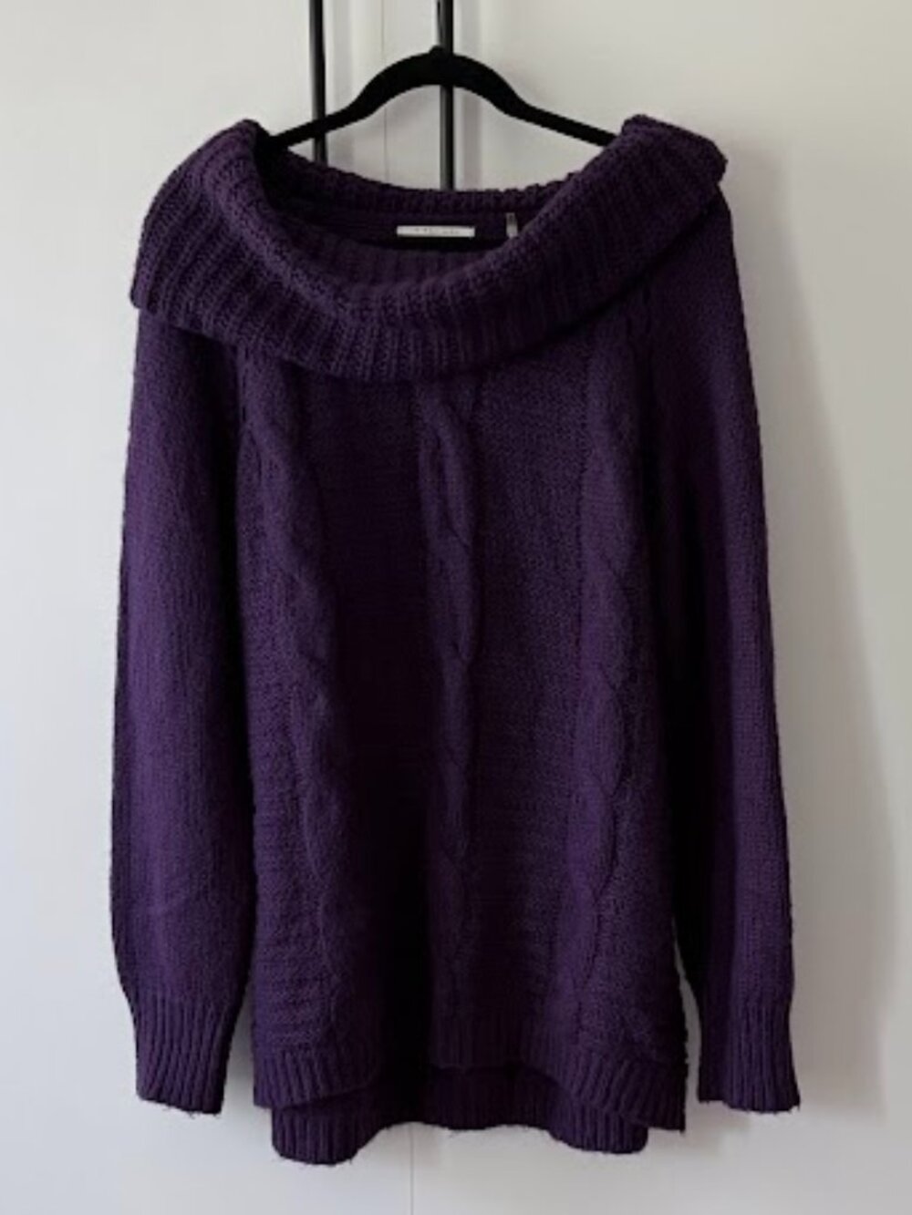 T Tahari Purple Cable Knit Cowl Neck Sweater XL Cozy Oversized Pullover
